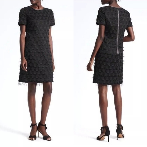 NEW Banana Republic Fringe Dot Shift Black Short Sleeve Dress Size 8 - Picture 1 of 7